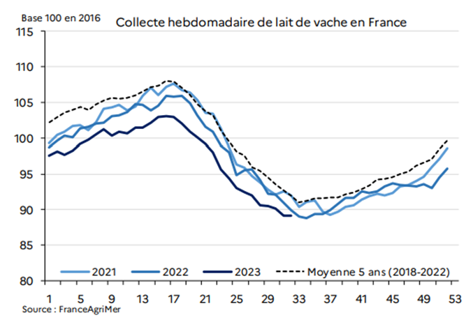 Collecte hebdomadaire de lait de vache en France